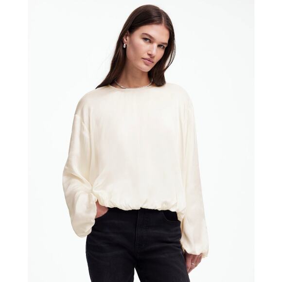Madewell Long-Sleeve Bubble-Hem Top WMNS 10 Winter White Lightweight Satin Lined - Picture 1 of 9